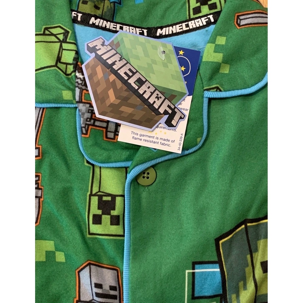 Minecraft Pajama Set Kids Size 10/12 Green New 2pc Button Down Sleepwear Creeper - Picture 5 of 9